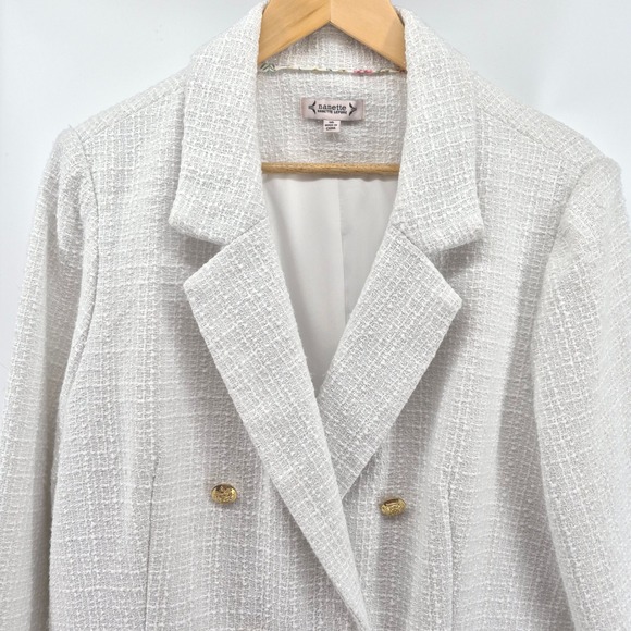 Nanette Lepore Womens Double Breasted Tweed Blazer Gold Buttons White Size 16 - Picture 2 of 15